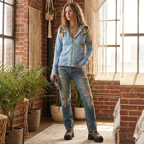 💎 RARE Free People Bird Patch Hoodie Distressed Blue NWOT - Picture 10 of 10